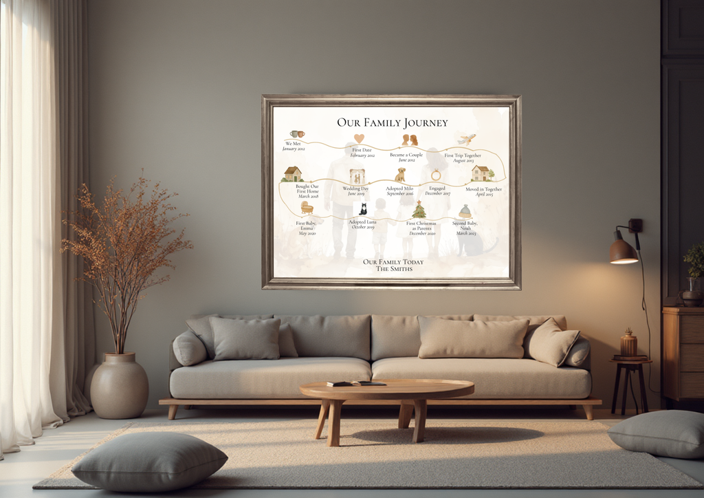 FineArt A4 Personalised 15 Milestone Timeline Print Custom Family Story Artwork, Unique Gift for Her or Him For Wife For Husband