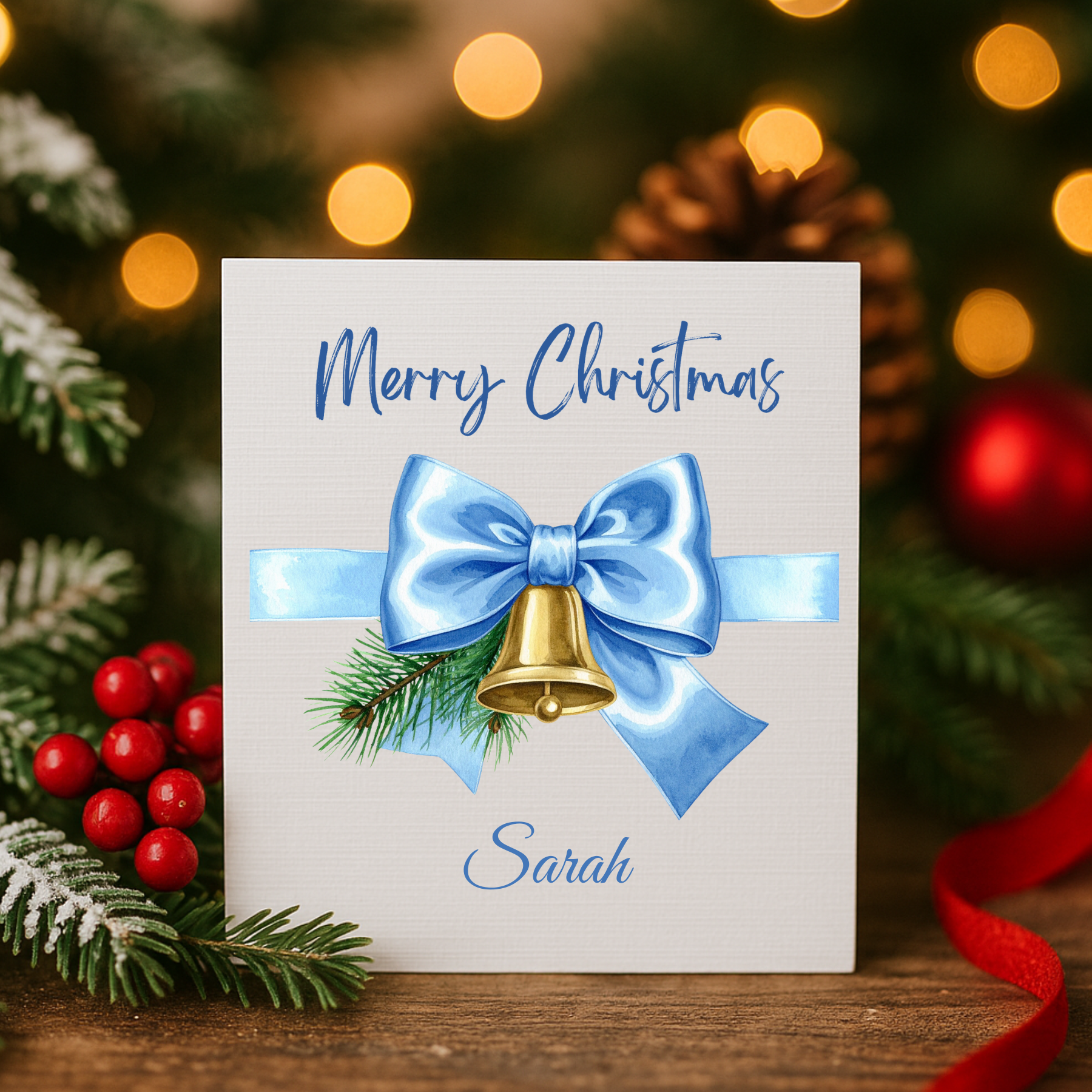 Blue Bow Christmas Card | Personalised Holiday Design | Card and Envelope