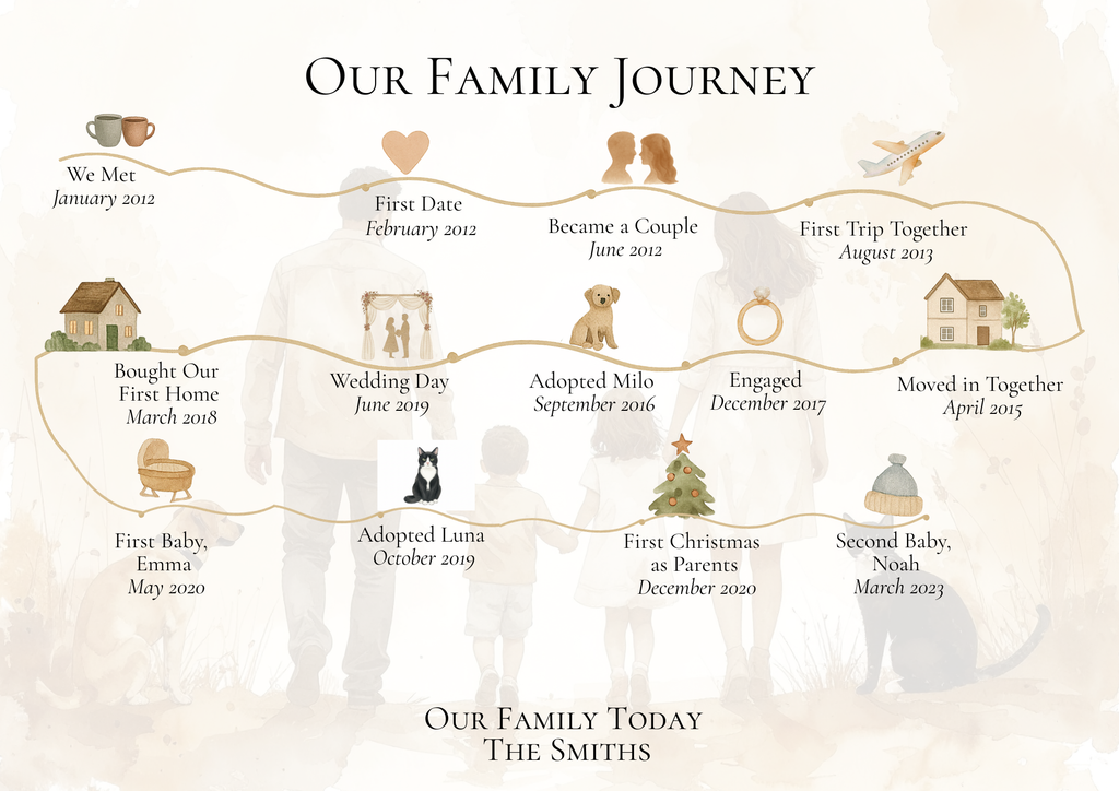 FineArt A4 Personalised 15 Milestone Timeline Print Custom Family Story Artwork, Unique Gift for Her or Him For Wife For Husband